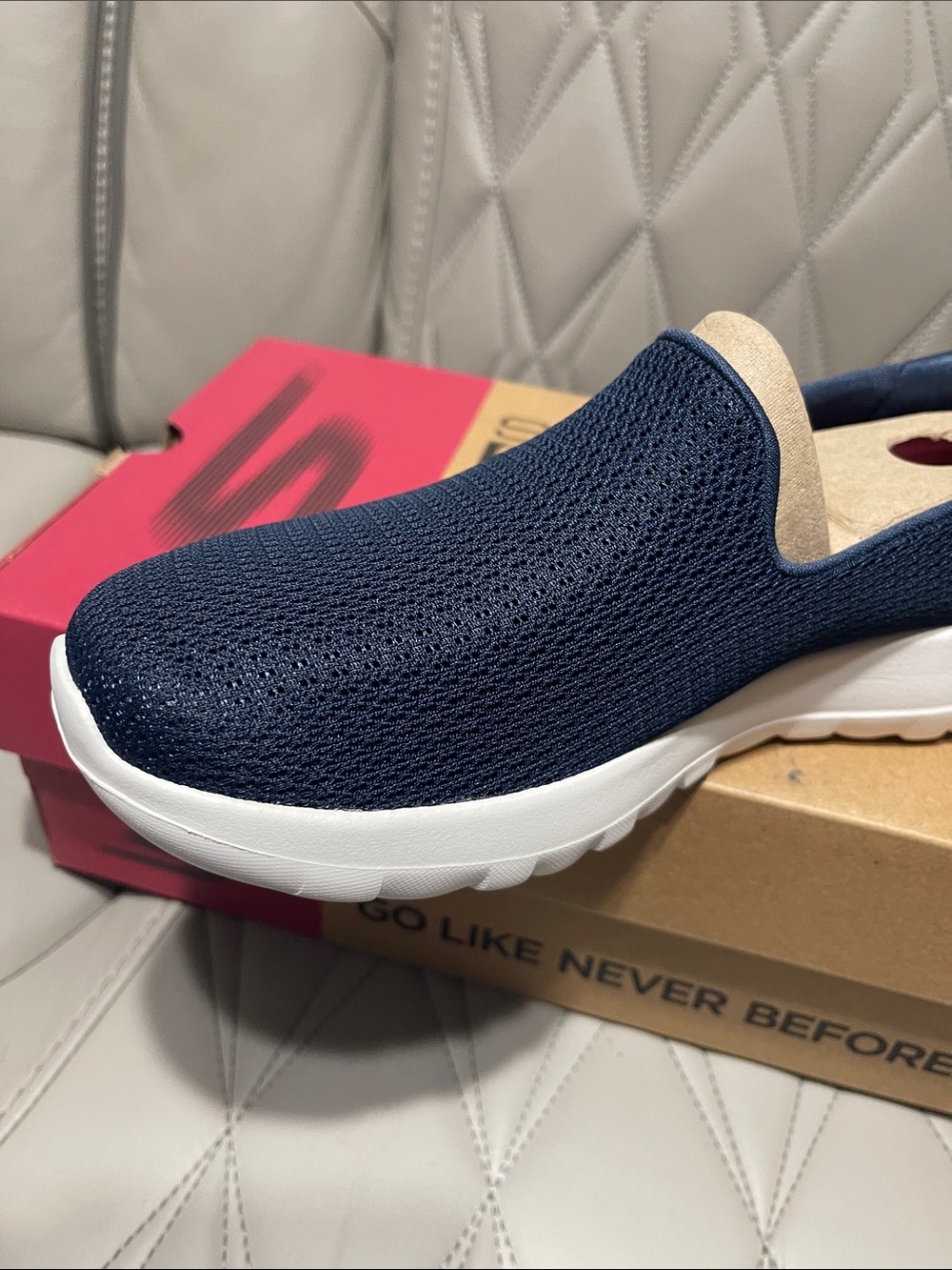Skechers Navy Slip-On Memory Foam Walking Sneakers with White Sole - Picture 9 of 11